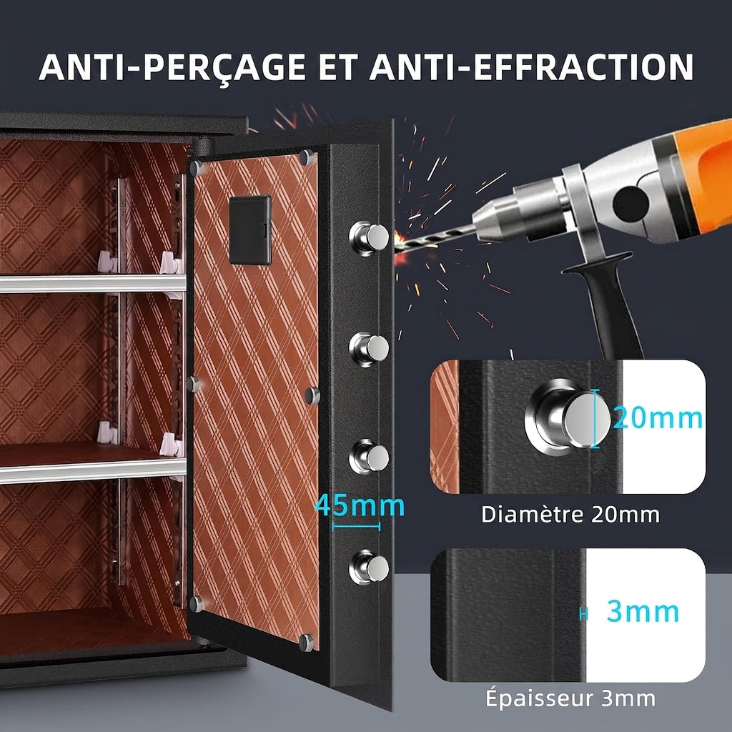 Coffre-Fort Biométrique Grande Capacité – Empreinte Digitale & Clavier Numérique